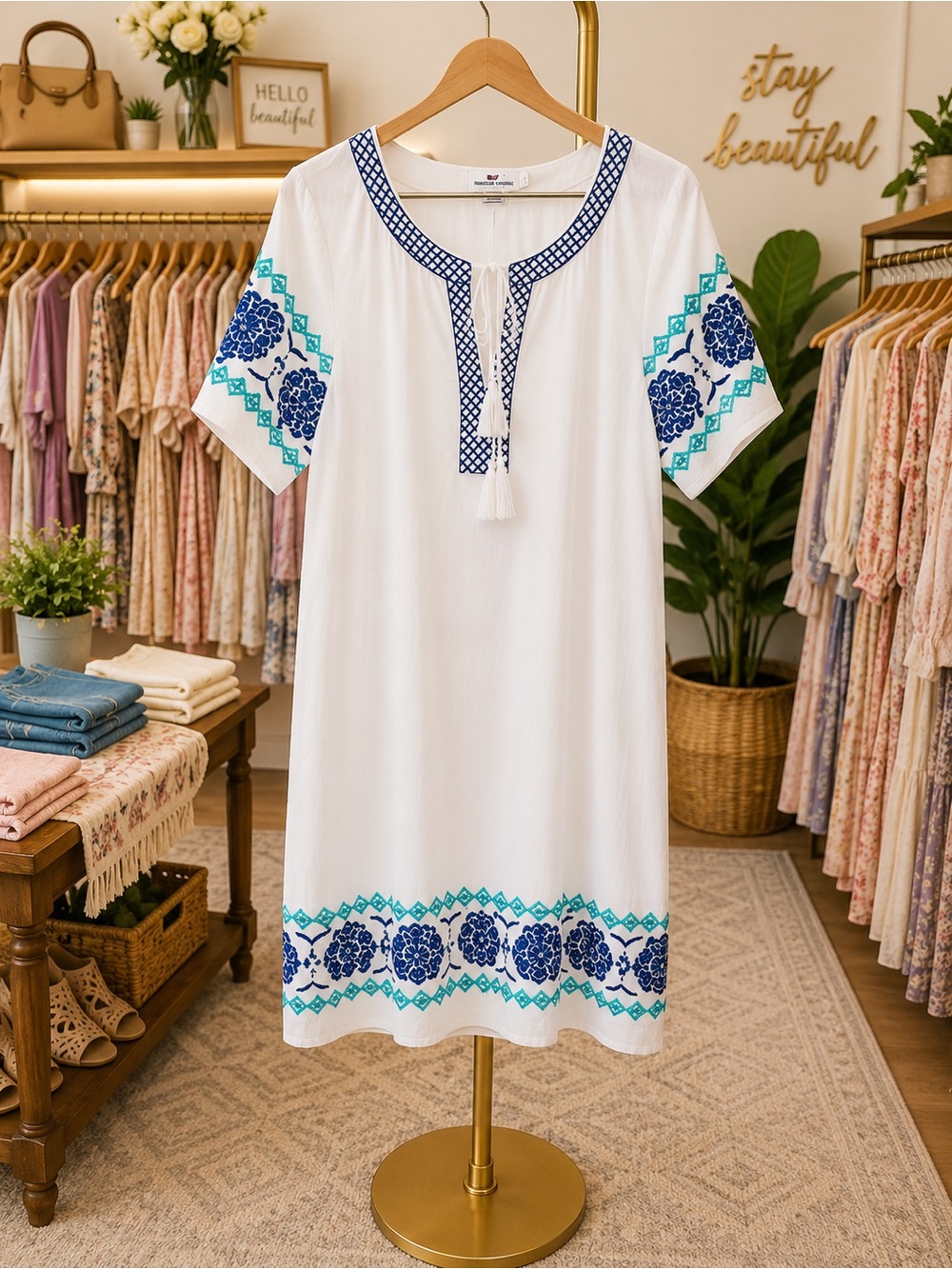 NWOT Vineyard Vines White Midi Dress with Navy and Teal Embroidery